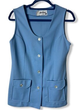 VTG 70s Fire Islander Baby Blue Polyester Knit Button Vest Flap Pockets Sz M